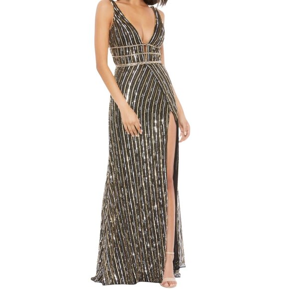 Mac Duggal Metallic Embellished Plunge Neck Open Back Gown, NWT Size 8 - Picture 1 of 5